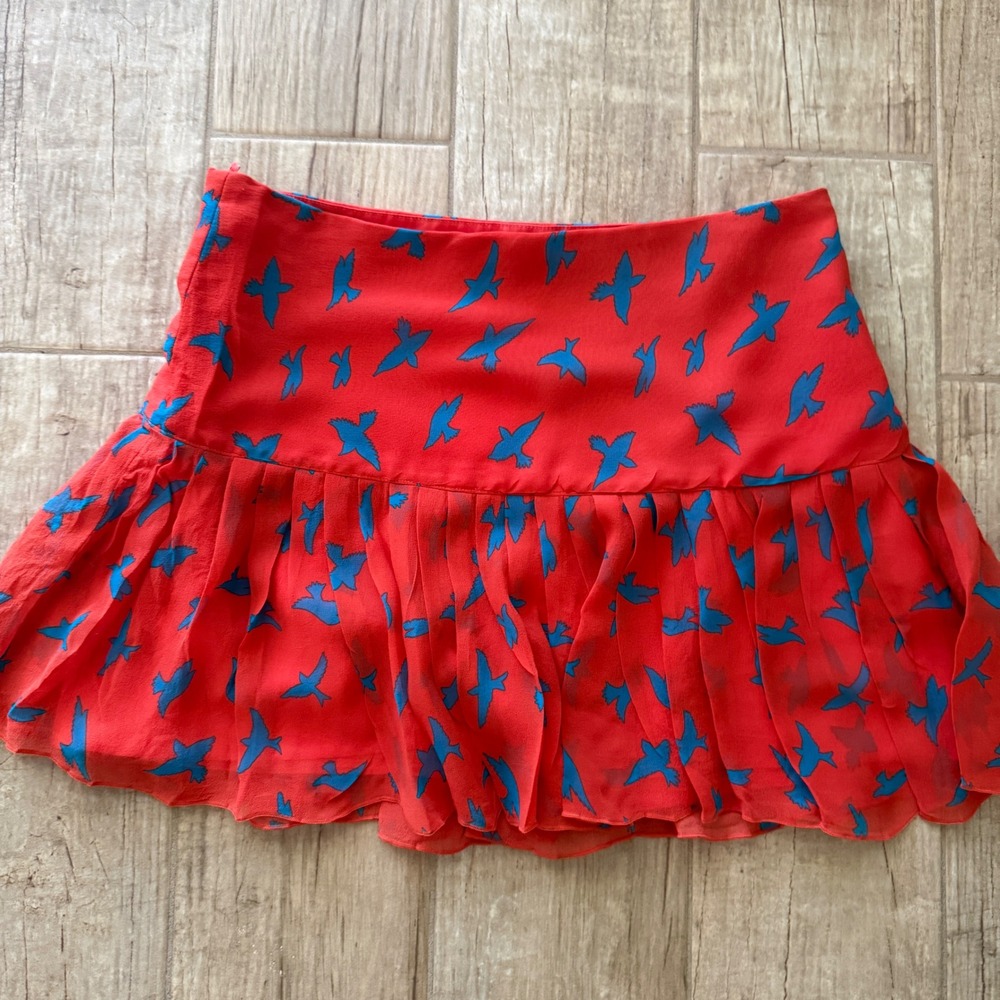 Bo.Bo Bourgeois Boheme Red Blue Bird Print Mini Skirt Pleated Drop Waist‎ Size G